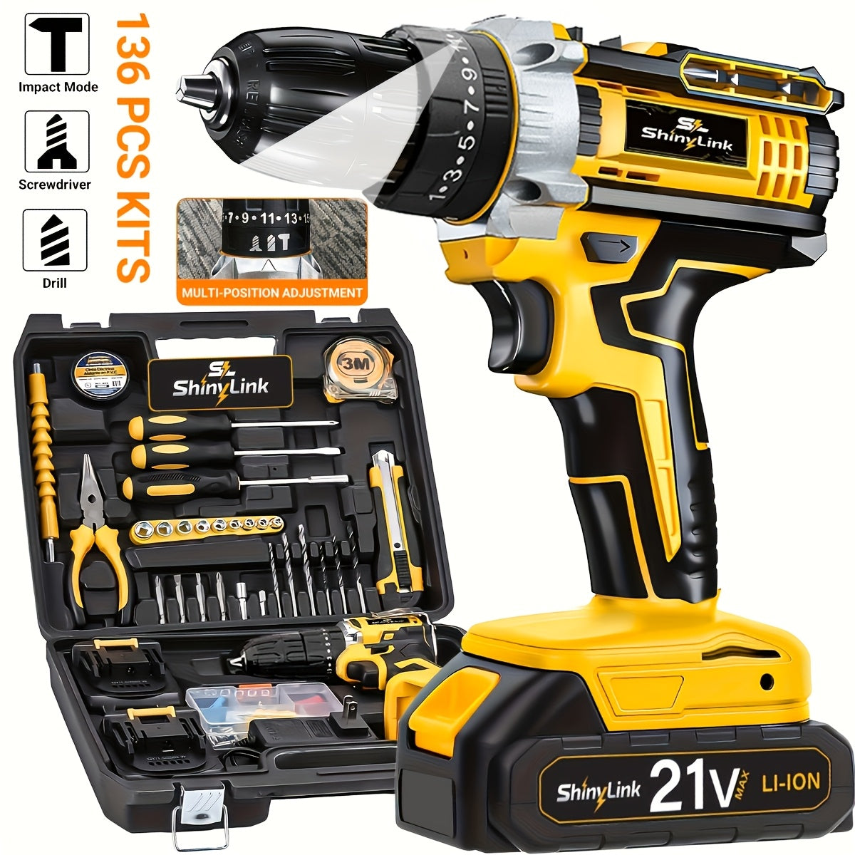 Ensemble de perceuse sans fil 21V, 18 à 148 pièces | Perceuse-visseuse électrique rechargeable avec 2 batteries, embouts de vissage, outils à main et boîte à outils – Kit complet de réparation domestique pour bricolage, cadeau pour homme