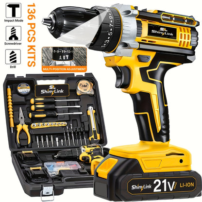 Ensemble de perceuse sans fil 21V, 18 à 148 pièces | Perceuse-visseuse électrique rechargeable avec 2 batteries, embouts de vissage, outils à main et boîte à outils – Kit complet de réparation domestique pour bricolage, cadeau pour homme