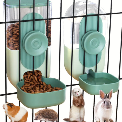 Ensemble distributeur de nourriture et d'eau suspendu pour animaux 1L - Distributeur automatique par gravité pour chats, chiens, lapins, chinchillas, furets et hérissons - Station de nourrissage sans pile à fixer à la cage (vert)
