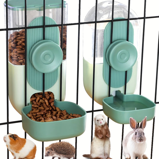 Ensemble distributeur de nourriture et d'eau suspendu pour animaux 1L - Distributeur automatique par gravité pour chats, chiens, lapins, chinchillas, furets et hérissons - Station de nourrissage sans pile à fixer à la cage (vert)