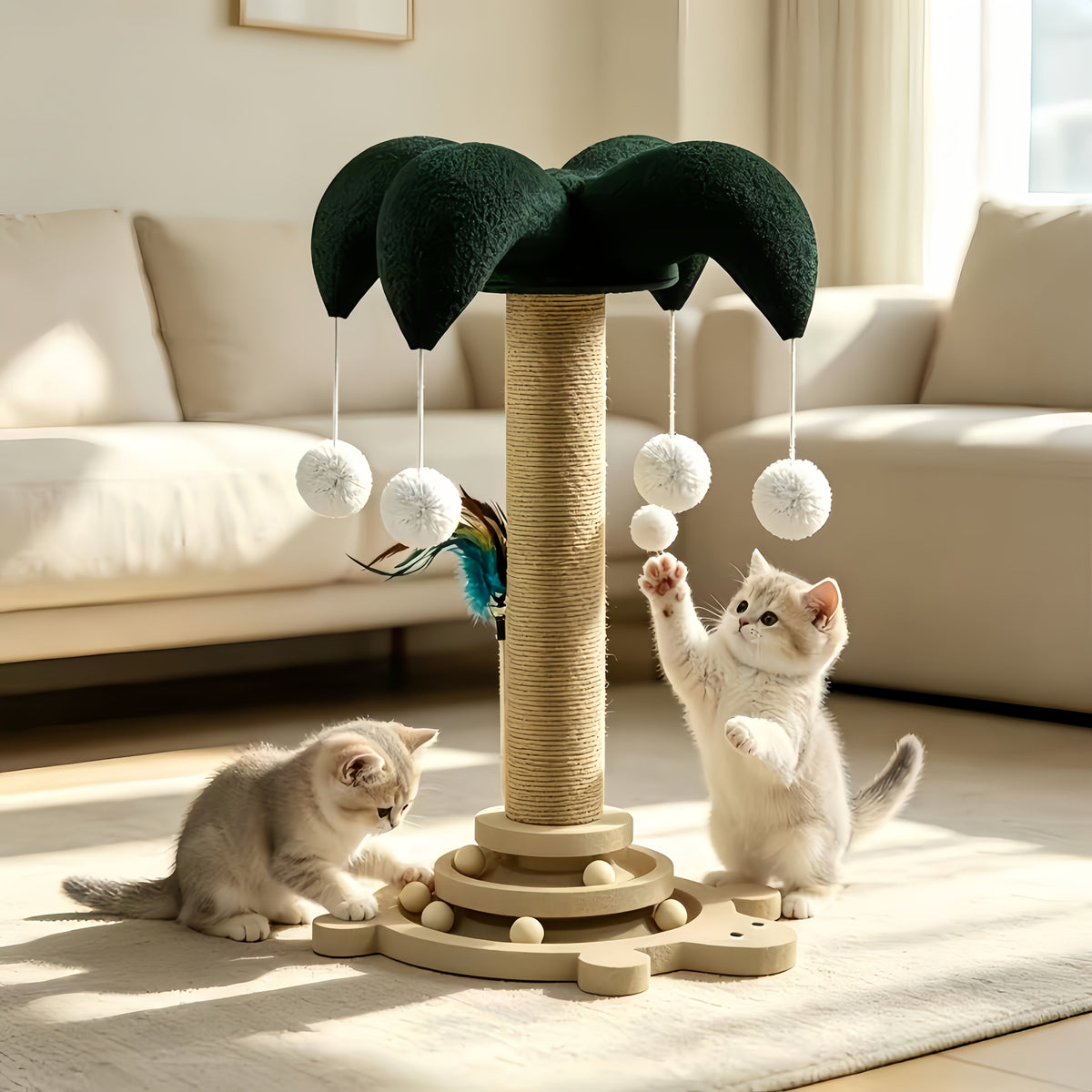 Ensemble de poteau à griffer en sisal pour chat avec chapeau de clown, griffoir vertical et structure d'escalade – Jouet griffoir résistant à l'usure avec baguette à taquiner pour chats d'intérieur et chatons, forme millet et forme tortue