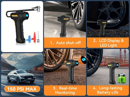 Compresseur d'air portable pour pneus – Pompe à air sans fil 150 PSI avec arrêt automatique, manomètre numérique et lampe LED pour voitures, motos, vélos et ballons, rechargeable