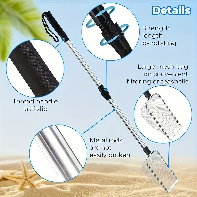 Pelle tamis de plage rétractable en acier inoxydable avec manche télescopique – Outil pour ramasser les coquillages, chercher des trésors et fouiller la plage sans se baisser | Sert aussi de pelle à litière pour chat (lot de 1 ou 2)