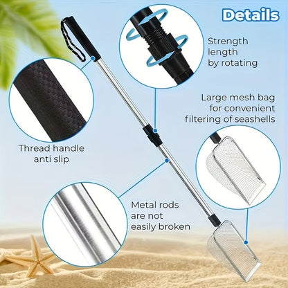 Pelle tamis de plage rétractable en acier inoxydable avec manche télescopique – Outil pour ramasser les coquillages, chercher des trésors et fouiller la plage sans se baisser | Sert aussi de pelle à litière pour chat (lot de 1 ou 2)