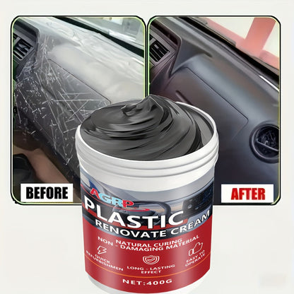 Cire rénovatrice pour plastiques de voiture 400 g – Polish haute brillance résistant aux UV pour tableau de bord, pare-chocs, pneus et garnitures extérieures, pâte de detailing intérieur et extérieur anti-décoloration, séchage rapide non gras