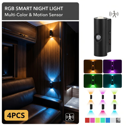 Lot de 4 appliques murales à détecteur de mouvement – Veilleuse LED magnétique, sans fil et rechargeable, double tête, 3 couleurs RVB, pour chambre, escalier, placard, armoire et intérieur de camping-car | Velora