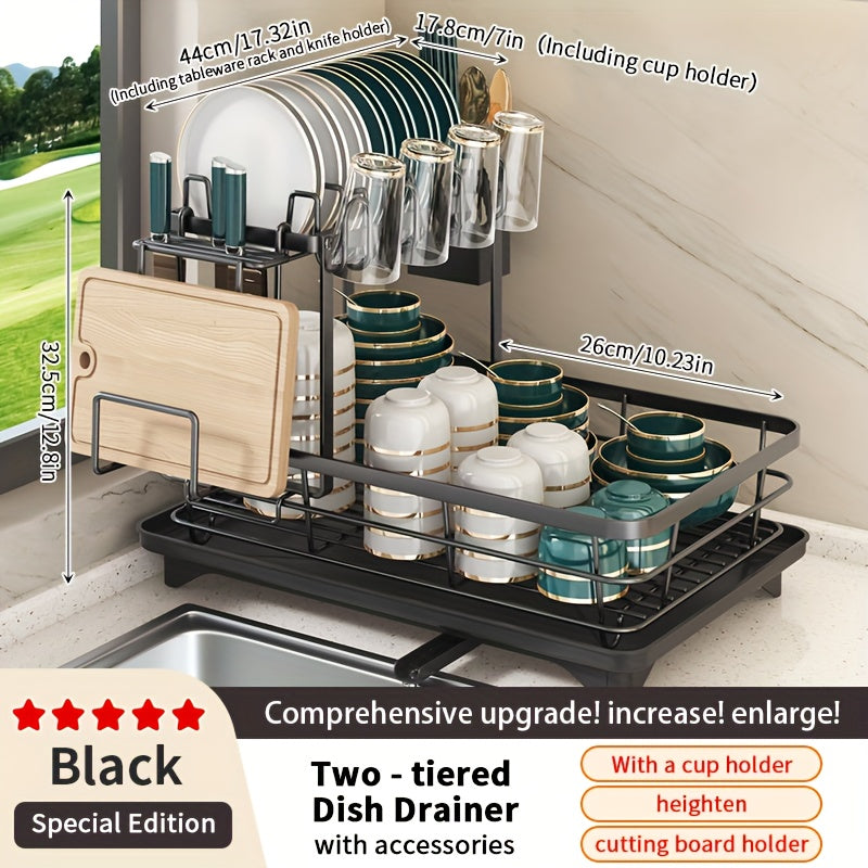 Égouttoir à vaisselle en métal à 2 niveaux avec porte-couverts, porte-gobelets et plateau d'égouttage antirouille – Égouttoir compact pour plan de travail de cuisine, égouttoir en acier durable pour tous types de surfaces