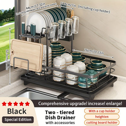 Égouttoir à vaisselle en métal à 2 niveaux avec porte-couverts, porte-gobelets et plateau d'égouttage antirouille – Égouttoir compact pour plan de travail de cuisine, égouttoir en acier durable pour tous types de surfaces