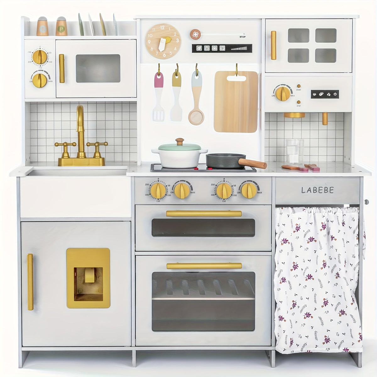 Cuisine jouet en bois pour enfants avec ustensiles et accessoires – Ensemble de cuisine réaliste avec lumières LED, sons, micro-ondes, évier et design spacieux de 95 cm pour garçons et filles de 3 à 8 ans
