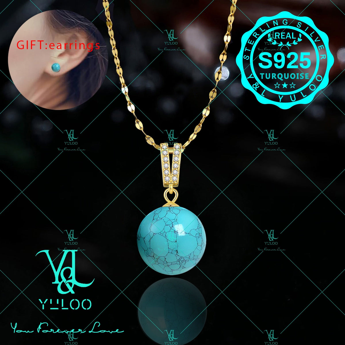 Collier pendentif en argent sterling 925 avec véritable turquoise naturelle, 18+2 pouces – Élégant bijou bohème en pierre précieuse pour femme avec boucles d'oreilles offertes, disponible en argent et en or, cadeau idéal pour elle