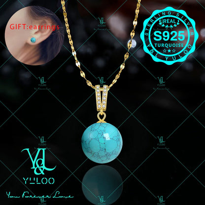 Collier pendentif en argent sterling 925 avec véritable turquoise naturelle, 18+2 pouces – Élégant bijou bohème en pierre précieuse pour femme avec boucles d'oreilles offertes, disponible en argent et en or, cadeau idéal pour elle