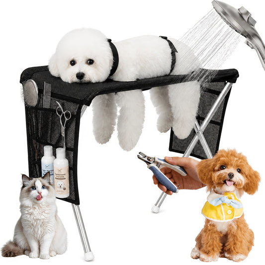Table de toilettage pliable pour petits chiens et chats – Cadre en acier inoxydable, surface antidérapante, sac de rangement, capacité de 13,6 kg, station de bain et de coupe de griffes, noir
