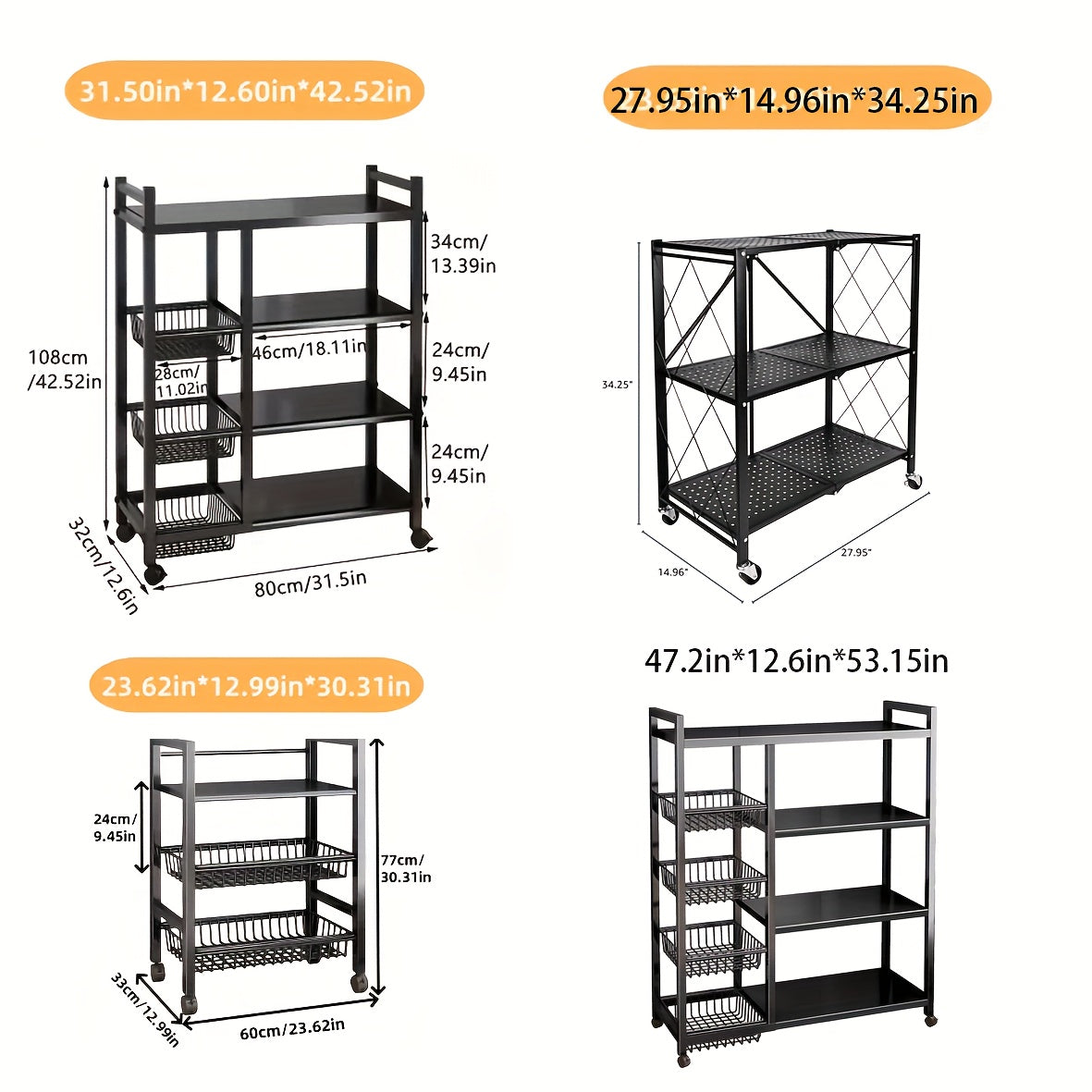 Étagère de rangement roulante à 4 niveaux avec paniers en fil métallique et roulettes – Rayonnage métallique réglable pour cuisine, garde-manger, garage, salle de bain et placard, organisateur sur pied mobile, cadeau de crémaillère