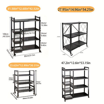 Étagère de rangement roulante à 4 niveaux avec paniers en fil métallique et roulettes – Rayonnage métallique réglable pour cuisine, garde-manger, garage, salle de bain et placard, organisateur sur pied mobile, cadeau de crémaillère