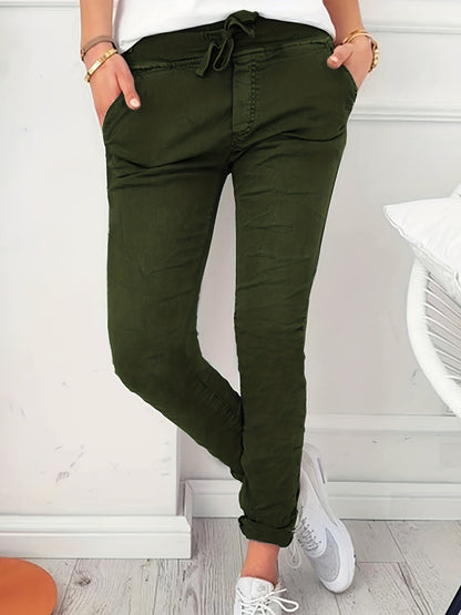 Pantalon slim pour femme, taille élastique à cordon, coupe ajustée, longueur longue, pantalon décontracté, noir, bleu marine, abricot, vert olive, S M L XL XXL, printemps automne