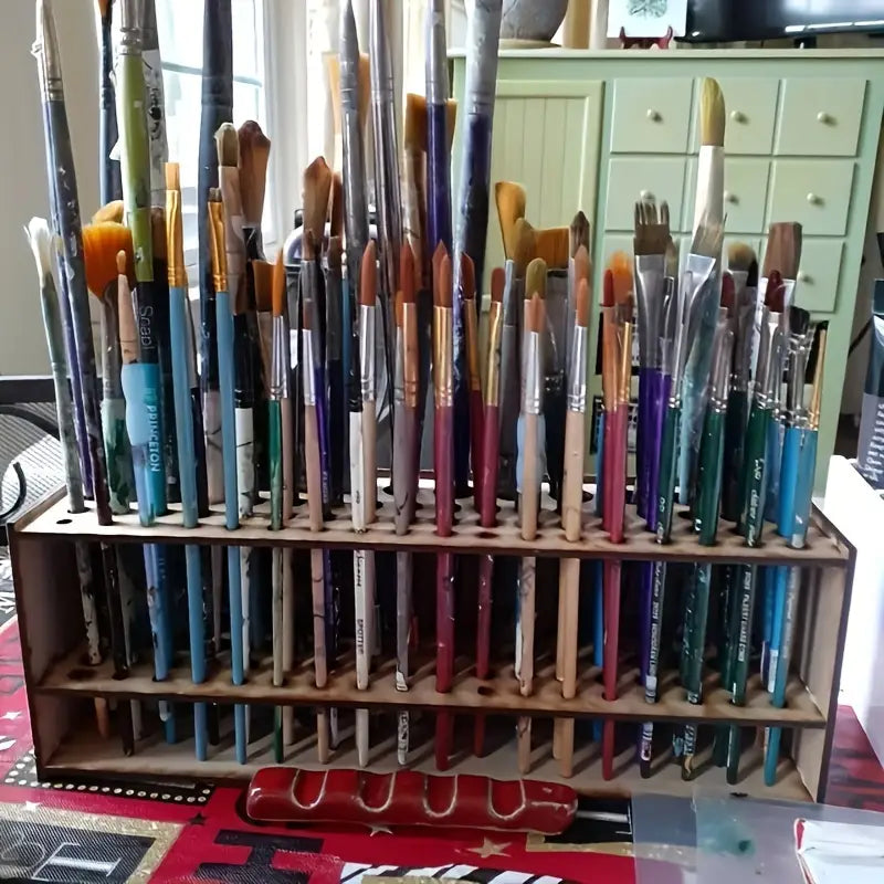 Support de pinceaux en bois à 67 trous - Organisateur de bureau pour artistes, boîte de rangement pour fournitures d'art, support de pinceaux léger et durable pour la peinture, le dessin et les loisirs créatifs