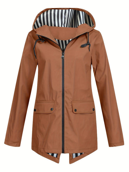 Women's Striped Lined Hooded Windbreaker Jacket Fall Winter Zip Up Outerwear – 8 Colors Sizes S-XXL Lightweight Water-Resistant