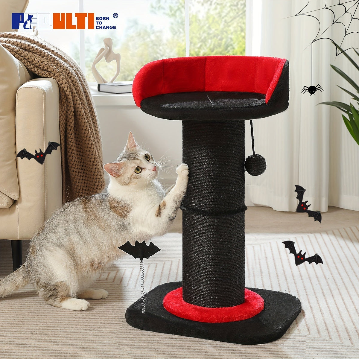 Arbre à chat à plusieurs niveaux avec poteau en sisal et jouets suspendus pour chats d'intérieur, tour d'escalade robuste et centre d'activités pour chats énergiques, disponible en gris et noir