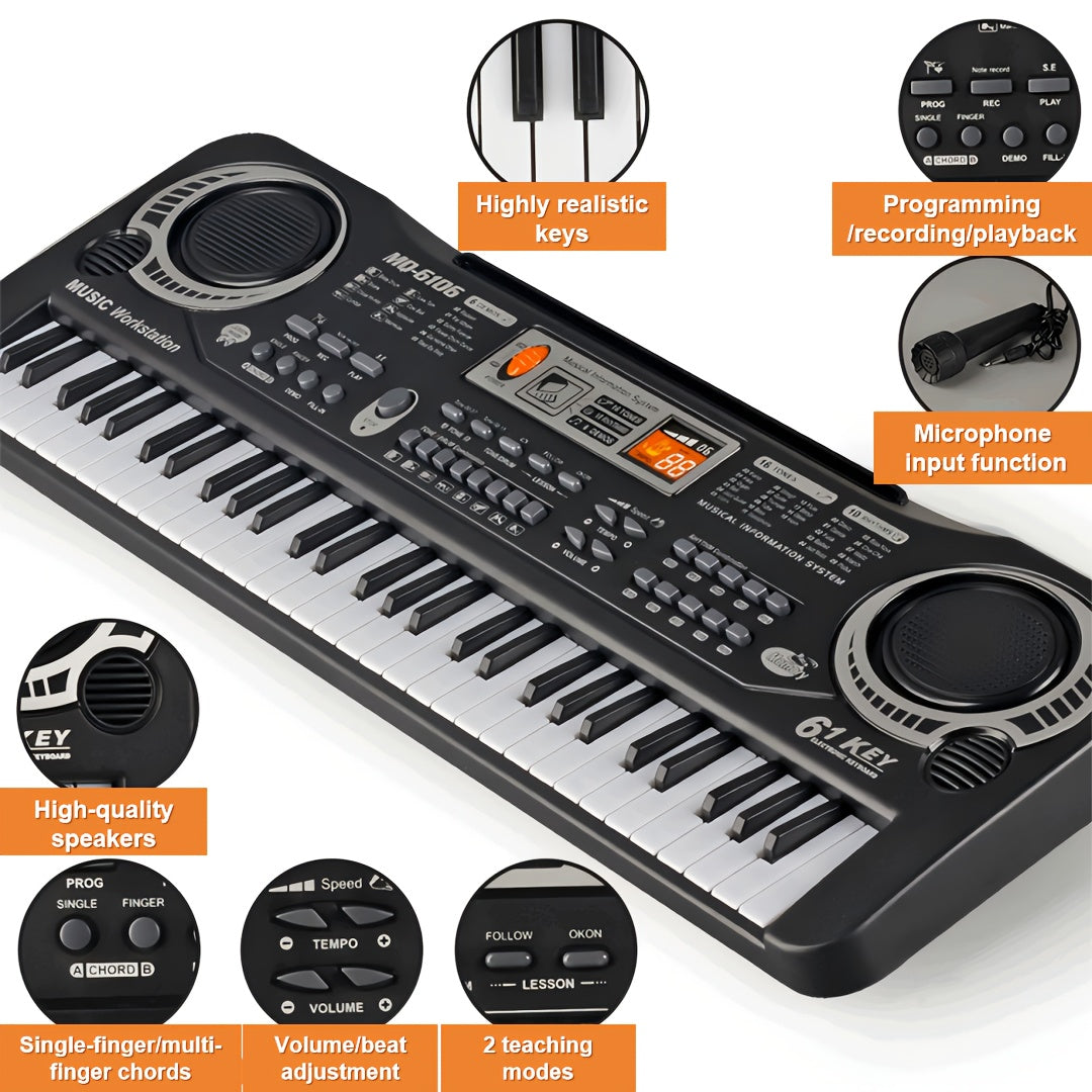 Clavier électronique 61 touches pour débutants - microphone intégré, partitions imprimées et alimentation USB, kit de démarrage complet pour enfants et adultes, cadeau d'anniversaire idéal pour les mélomanes