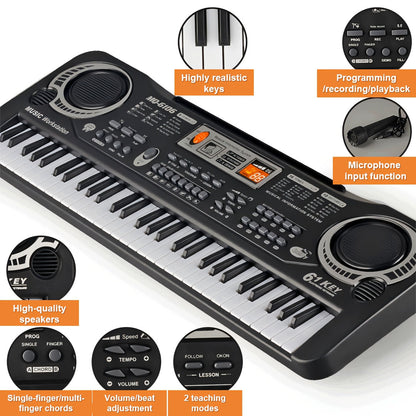 Clavier électronique 61 touches pour débutants - microphone intégré, partitions imprimées et alimentation USB, kit de démarrage complet pour enfants et adultes, cadeau d'anniversaire idéal pour les mélomanes