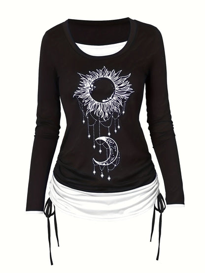 Women's Moon Sun Print Long Sleeve T-Shirt Colorblock Ruched Side Tie Casual Top Stretch Knit 2-in-1 Style Fashion Tee S M L XL XXL