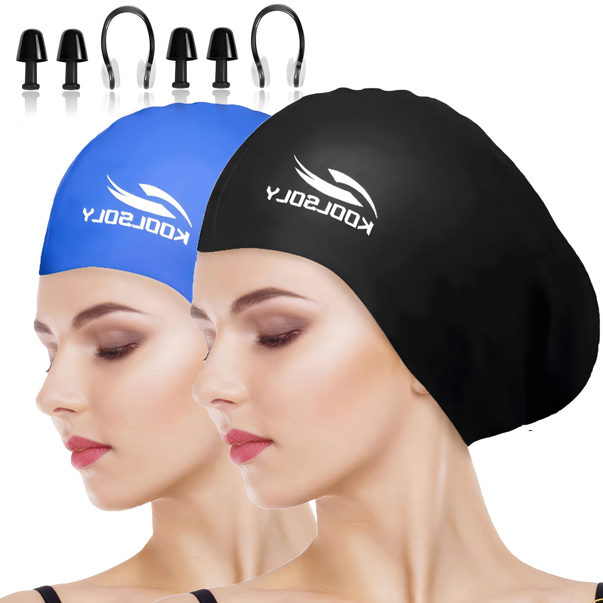 Lot de 2 bonnets de bain en silicone avec protection auditive pour cheveux longs – Inclut bouchons d'oreilles et pince-nez, ensemble de bonnet de bain étanche, 11 options de couleurs pour femmes, hommes et adultes