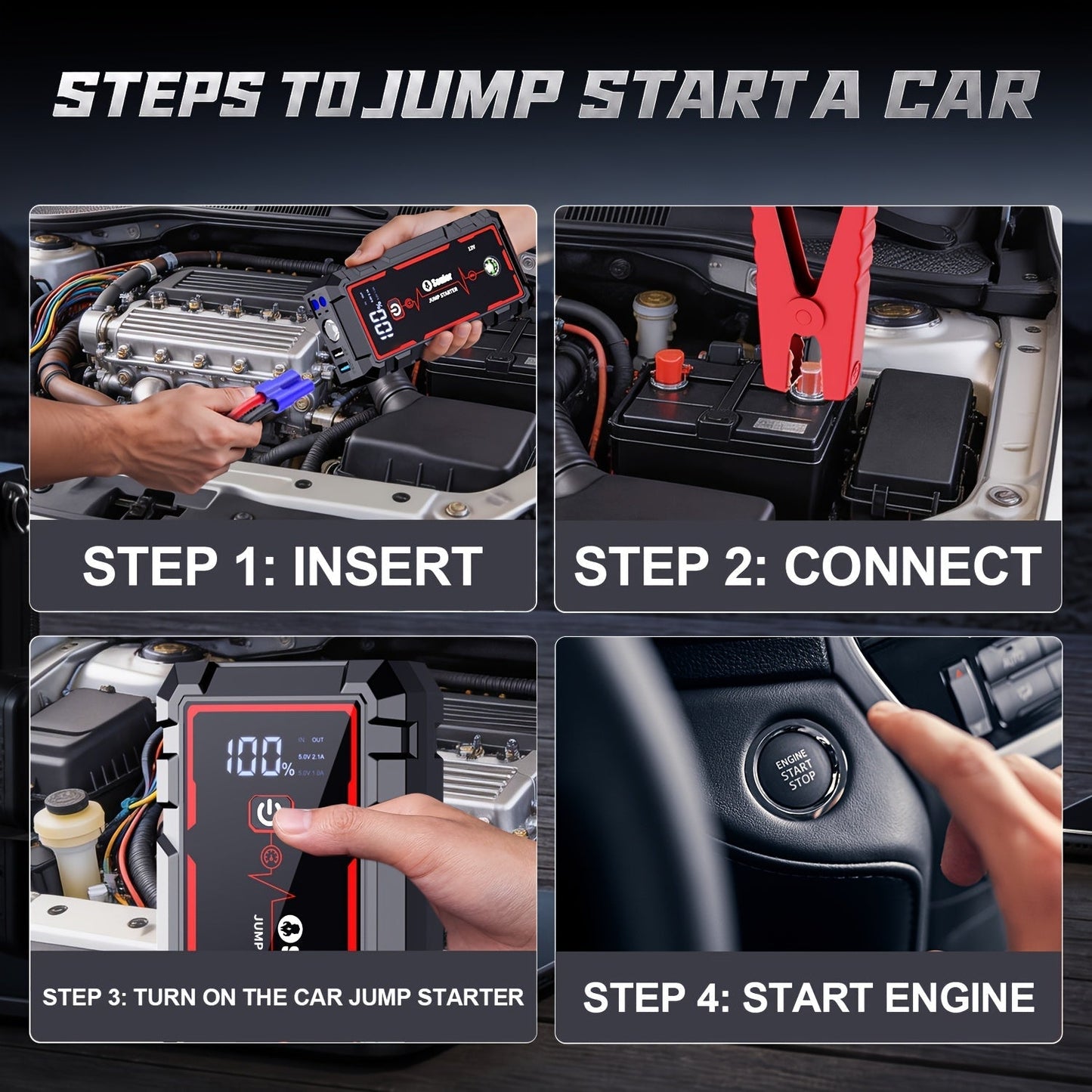 Portable Car Jump Starter 3000A-6000A – 12V Lithium Battery Booster Pack, Dual USB QC 3.0 Fast Charging Power Bank, LED Light & Compass, Fits All Gas Engines