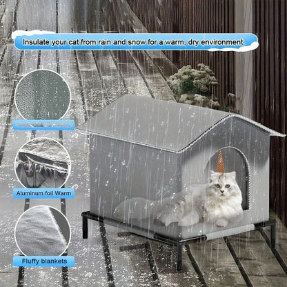 Outdoor Cat House All-Season Insulated Shelter with Stand - Oxford Cloth Cat House with Aluminum Foil Lining, Fluffy Blanket Included, Rain Snow & Wind Protection, 3 Sizes for Cats Up to 22lbs