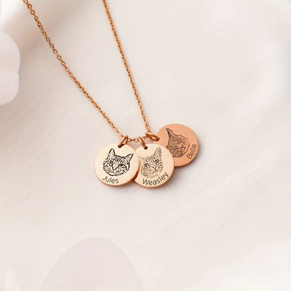 Personalized Pet Photo & Name Necklace - Custom Engraved Stainless Steel Circle Pendant for Pet Lovers, Handmade Dog Cat Memorial Jewelry Gift for Birthday Christmas, Gold & Rose Gold