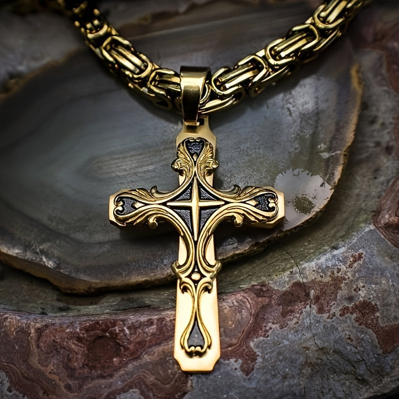 Ensemble de colliers croix en acier inoxydable pour homme, 2 pièces, chaîne cubaine avec pendentif croix, bijoux rétro hip-hop pour homme - Collier imposant, cadeau pour lui, anniversaire, Noël