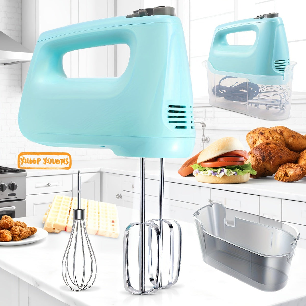 Batteur à main électrique 5 vitesses avec fonction turbo, coffret de rangement et 5 accessoires en acier inoxydable - 2 fouets, 2 crochets pétrisseurs, 1 fouet ballon, batteur à main de cuisine pour la pâtisserie, argenté