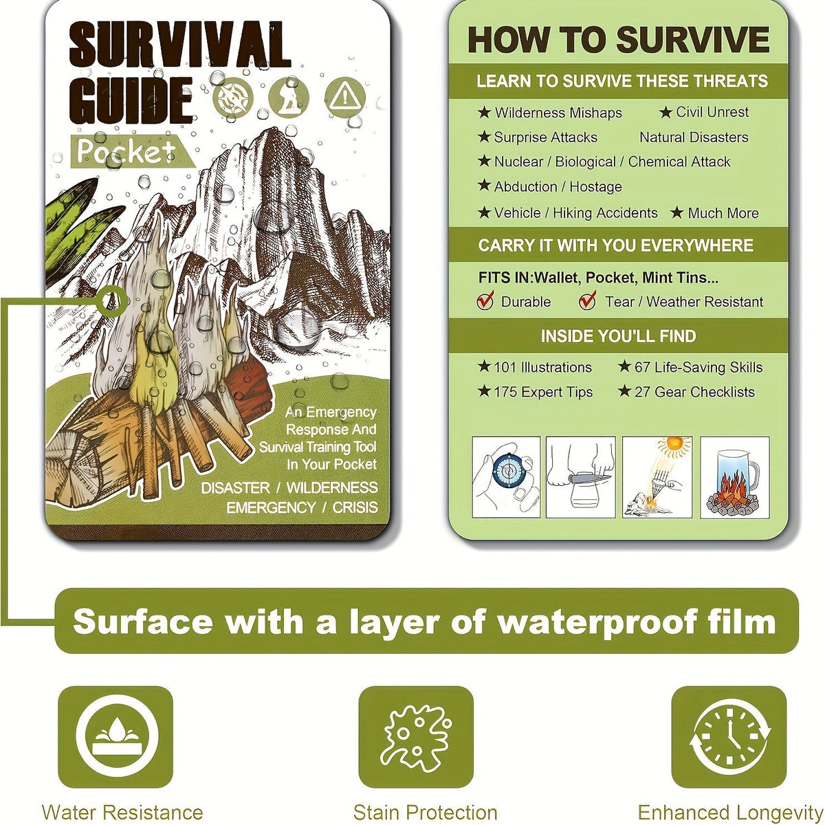 Guide de survie de poche, kit EDC format carte de crédit, 67 techniques de survie, 175 conseils d'experts, couverture étanche pour urgences sur le terrain, premiers secours, préparation aux catastrophes, camping, randonnée – inclut un outil grossissant
