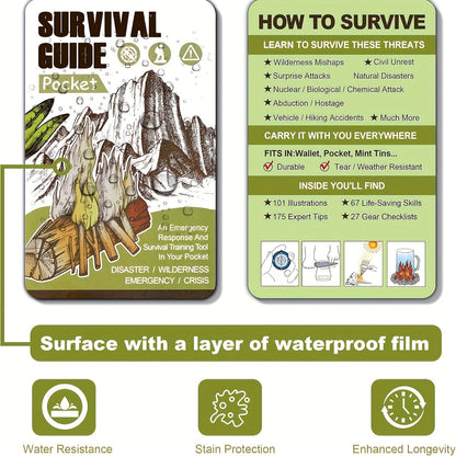 Guide de survie de poche, kit EDC format carte de crédit, 67 techniques de survie, 175 conseils d'experts, couverture étanche pour urgences sur le terrain, premiers secours, préparation aux catastrophes, camping, randonnée – inclut un outil grossissant