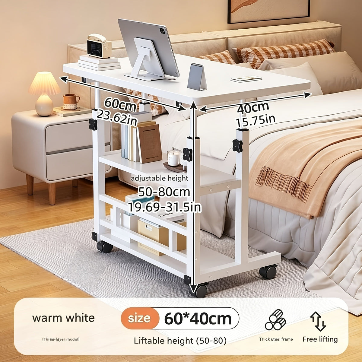 Bureau mobile portatif avec roulettes et table élévatrice à hauteur réglable – Petit bureau d'ordinateur pour lit, canapé, loisirs créatifs ou bureau à domicile, en noir ou blanc