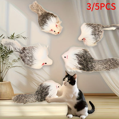 Lot de 3 ou 5 souris en peluche pour chat - Jouets souris réalistes à poils longs avec corps en plastique bicolore, jouets interactifs d'intérieur pour l'exercice des chatons et des chats adultes