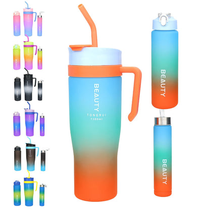 Ensemble de 5 bouteilles d'eau dégradées sans BPA avec paille et couvercle anti-fuite - Bouteilles de sport étanches de 1,3 L, 800 ml et 260 ml pour la gym, les voyages et l'extérieur