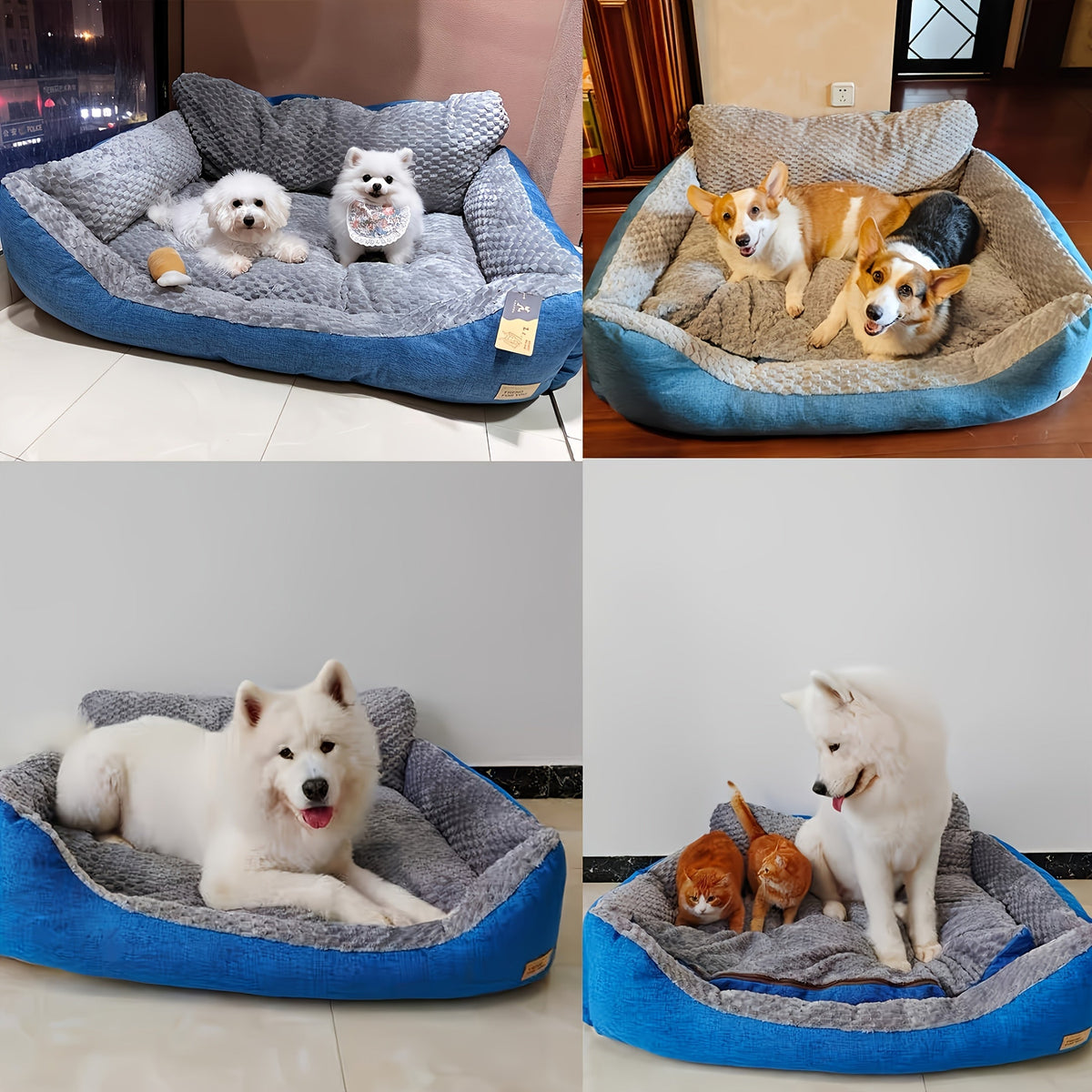 Canapé-lit de luxe en peluche pour animaux avec dossier haut – Panier pour chiens et chats épais, chaud et lavable, confort toutes saisons, housse facile à nettoyer, tailles S L XL, bleu gris
