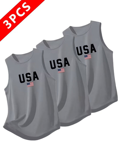 Lot de 3 débardeurs de sport pour homme, séchage rapide et anti-transpiration, avec imprimé USA, respirants, pour salle de sport, course à pied et entraînement - Noir, Blanc, Gris