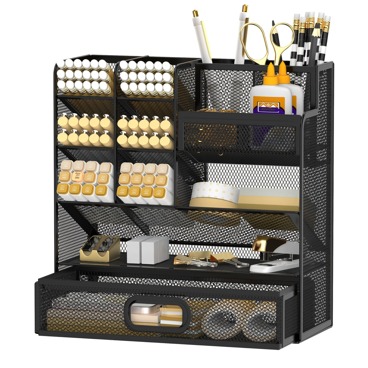 Organisateur de bureau en maille avec tiroir et porte-stylo – Rangement pour crayons pour bureau, école et atelier d'art, design en maille respirante, disponible en noir, jaune et bleu