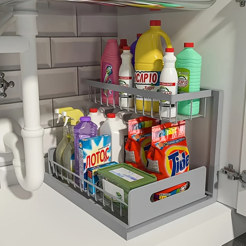 Organisateur sous évier coulissant à 2 niveaux pour cuisine et salle de bain, étagère de rangement extractible – Noir, blanc ou gris clair, lot de 1 ou 2