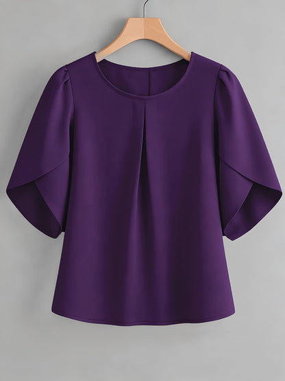 Chemisier femme à manches courtes, col rond, poignets à volants et plis sur la poitrine – Haut élégant en tissu 100 % polyester, semi-transparent, avec manches fendues