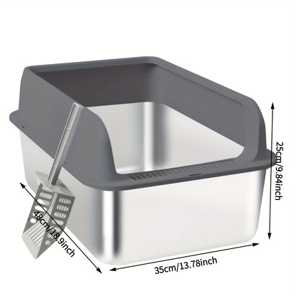 Bac à litière pour chat en acier inoxydable à bords hauts, bac anti-fuites avec pelle et plateau de tamisage, résistant à la rouille, anti-odeurs, anti-adhésif, facile à nettoyer, toilettes pour chats d'intérieur, taille moyenne à grande