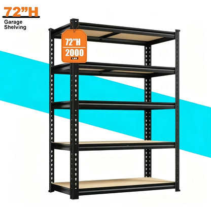 Étagère métallique robuste à 5 niveaux, capacité de 2000 lb, support de rangement pour garage | Étagère en acier réglable de 72 po et 60 po de hauteur pour garage, sous-sol, garde-manger, placard, buanderie – Noir