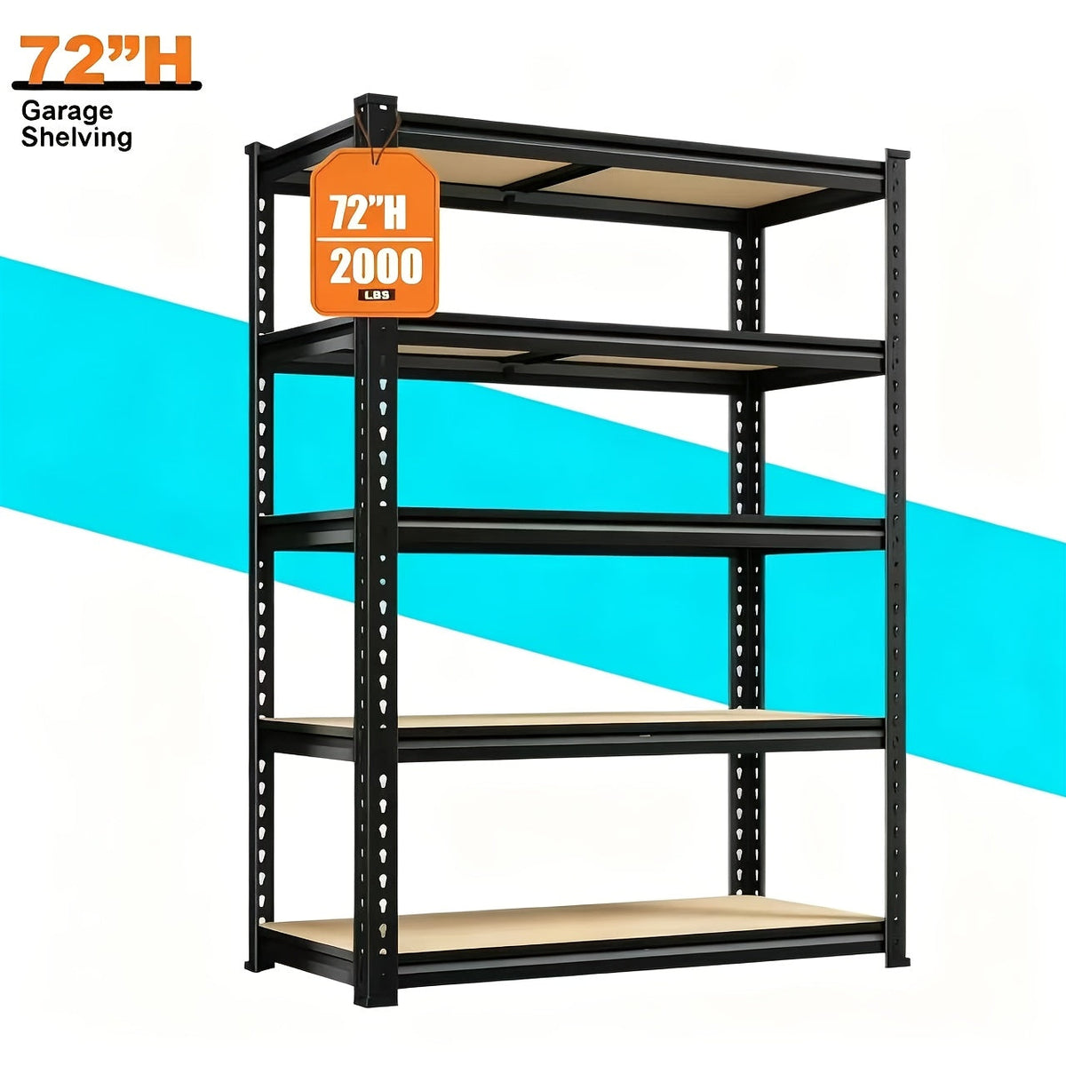 Étagère métallique robuste à 5 niveaux, capacité de 2000 lb, support de rangement pour garage | Étagère en acier réglable de 72 po et 60 po de hauteur pour garage, sous-sol, garde-manger, placard, buanderie – Noir