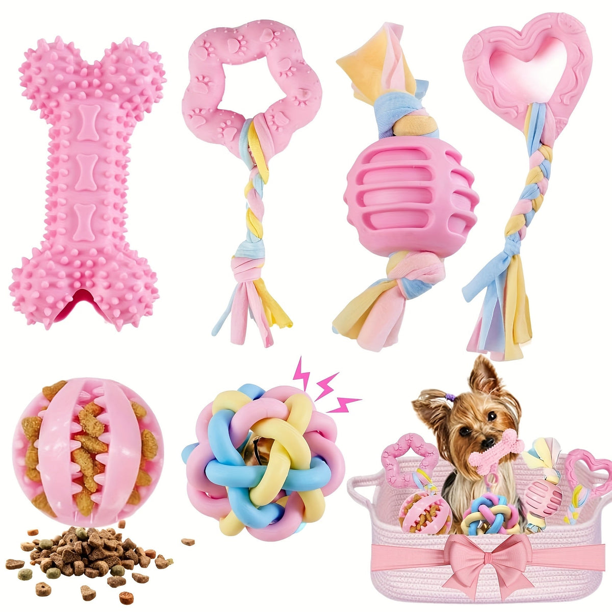 Jouets à mâcher souples en caoutchouc pour chien, lot de 6 – Jouets de dentition pour petits chiens, ensemble interactif de nettoyage des dents, 4 couleurs : violet, vert, bleu, rose