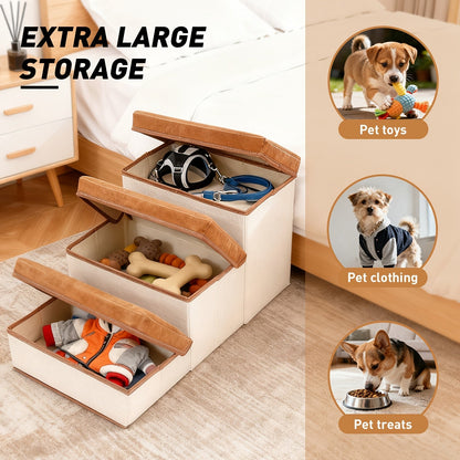 Escalier pliable pour petits chiens à 3 marches – Rampe pour animaux en nylon antidérapant pour lits et canapés surélevés, design pliable compact, marron et blanc, inclut une peluche en forme de patte de poulet en bonus