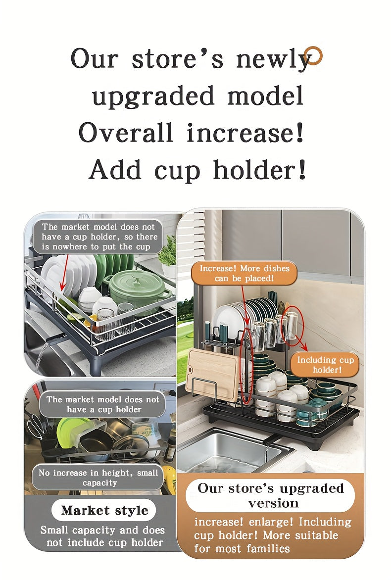 Égouttoir à vaisselle en métal à 2 niveaux avec porte-couverts, porte-gobelets et plateau d'égouttage antirouille – Égouttoir compact pour plan de travail de cuisine, égouttoir en acier durable pour tous types de surfaces