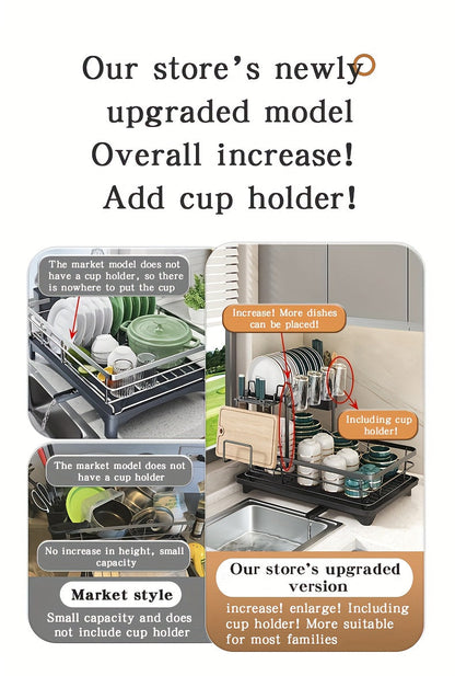 Égouttoir à vaisselle en métal à 2 niveaux avec porte-couverts, porte-gobelets et plateau d'égouttage antirouille – Égouttoir compact pour plan de travail de cuisine, égouttoir en acier durable pour tous types de surfaces