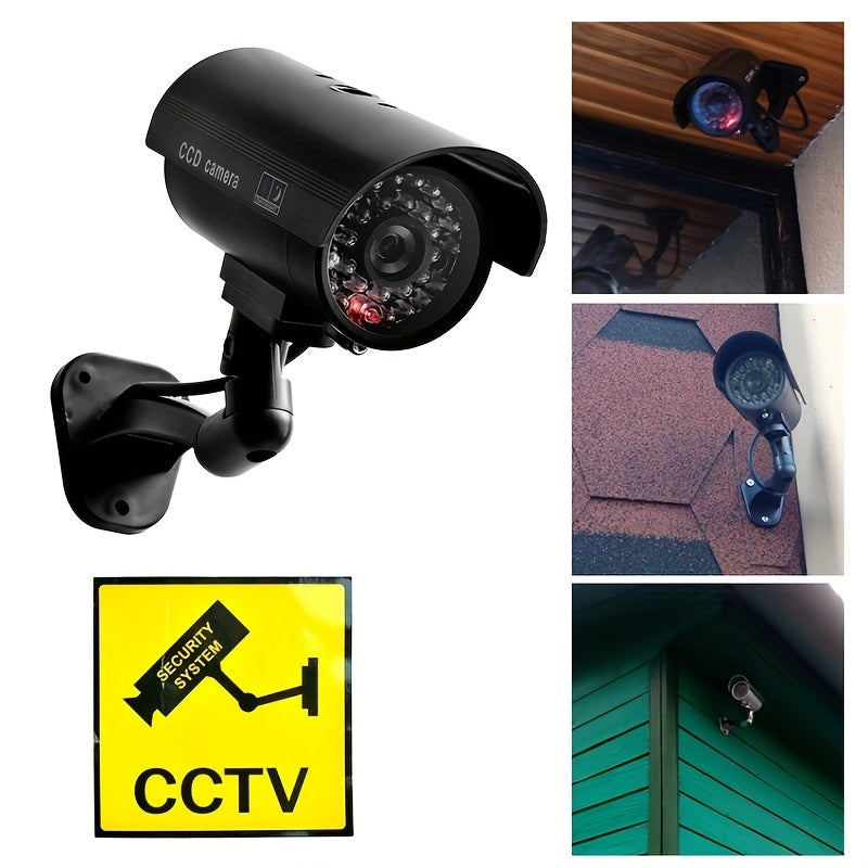 Caméra de surveillance factice – Système de vidéosurveillance simulée, lumières LED réalistes, support réglable et autocollants d'avertissement, caméra leurre de sécurité pour intérieur et extérieur – Lot de 2 ou 4
