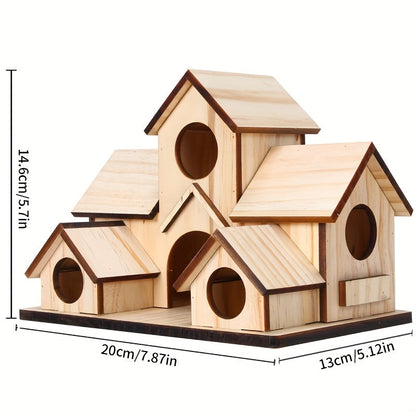 Nichoir rustique en bois pour jardin extérieur - Mangeoire à oiseaux et nichoir suspendu multi-niveaux à compartiments multiples, style villa - Décoration de jardin personnalisable à peindre pour attirer les oiseaux sauvages - Couleur bois naturel